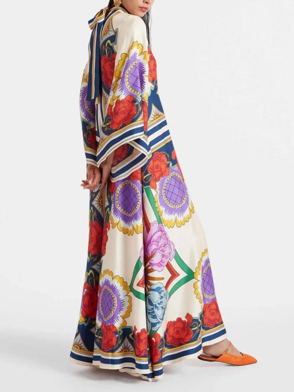 Exquisite Floral Print Draped Waterfall Sleeves Maxi Dress - Milafashion-se.com