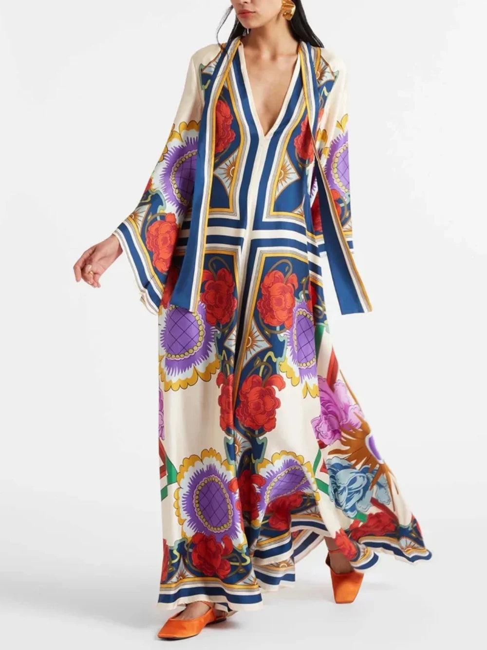 Exquisite Floral Print Draped Waterfall Sleeves Maxi Dress - Milafashion-se.com