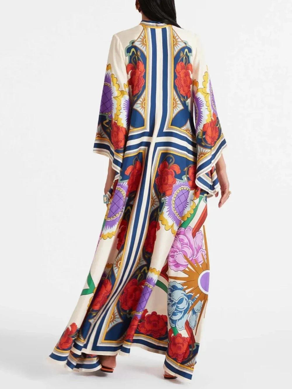 Exquisite Floral Print Draped Waterfall Sleeves Maxi Dress - Milafashion-se.com