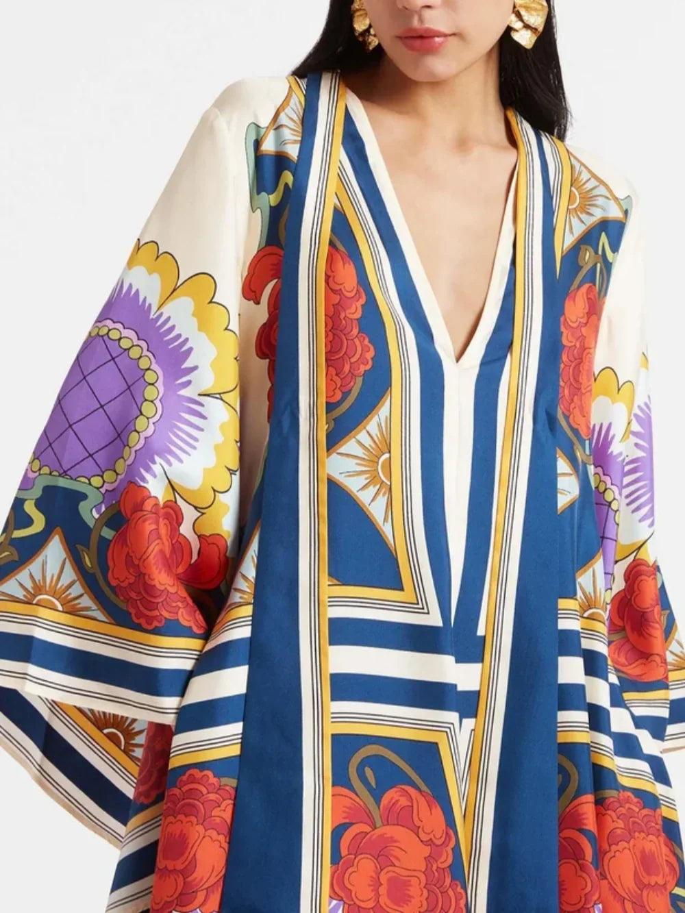 Exquisite Floral Print Draped Waterfall Sleeves Maxi Dress - Milafashion-se.com
