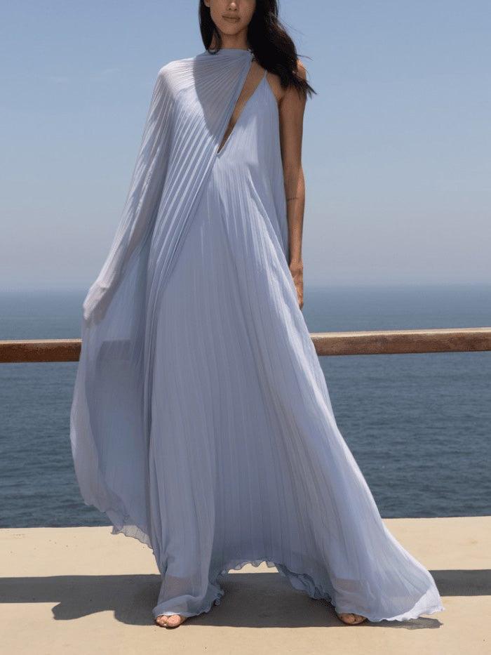 Elegant V-neck Pleated Flowy Maxi Dress - Milafashion-se.com