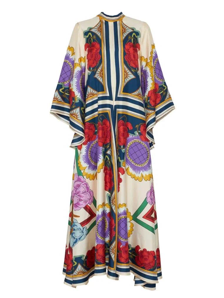 Exquisite Floral Print Draped Waterfall Sleeves Maxi Dress - Milafashion-se.com