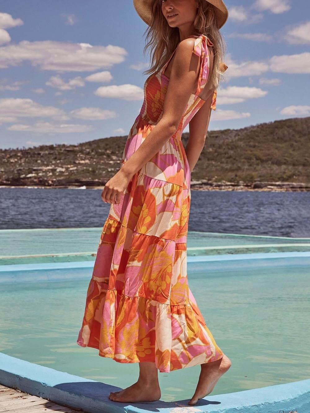 Sleeveless Sea Charm Pleated Stretch Chest Print Cami Dress - Milafashion-se.com