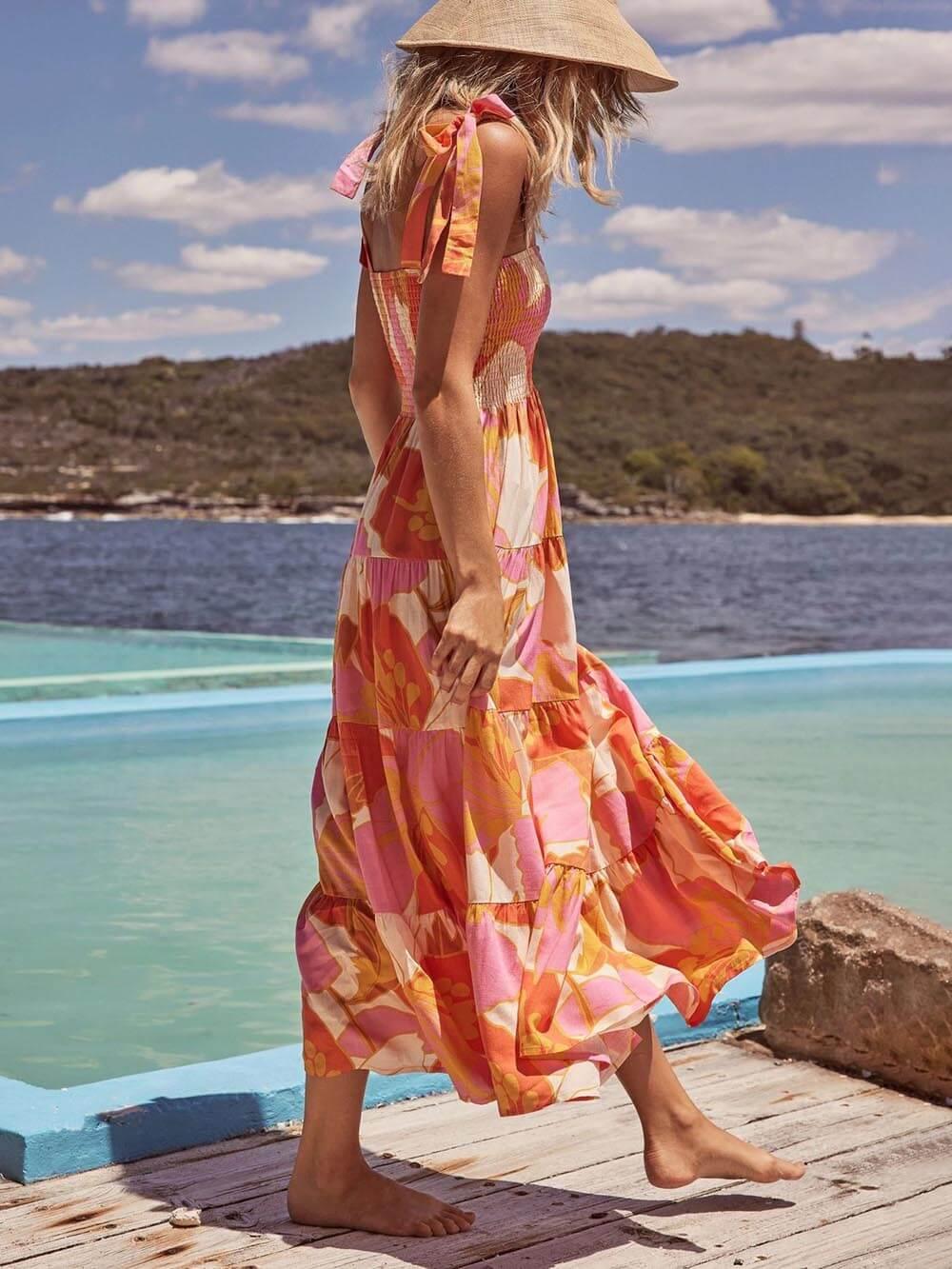 Sleeveless Sea Charm Pleated Stretch Chest Print Cami Dress - Milafashion-se.com
