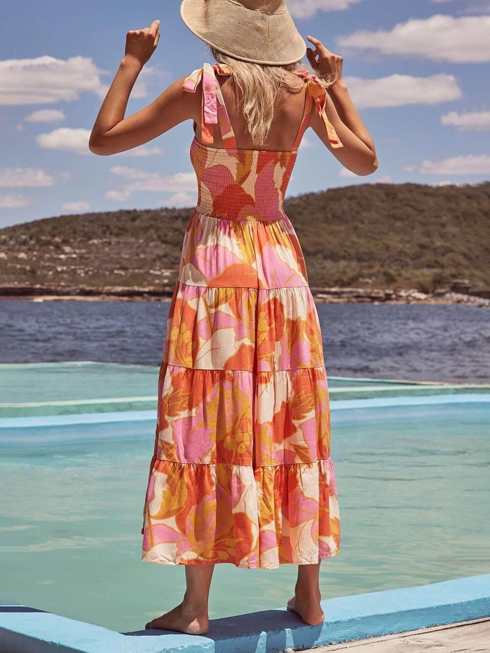 Sleeveless Sea Charm Pleated Stretch Chest Print Cami Dress - Milafashion-se.com