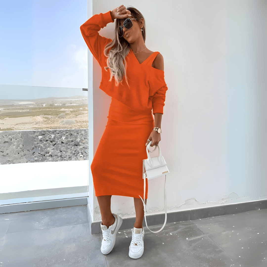 ORANGE KLÄNNING OCH SWEATSHIRT SET - Milafashion-se.com
