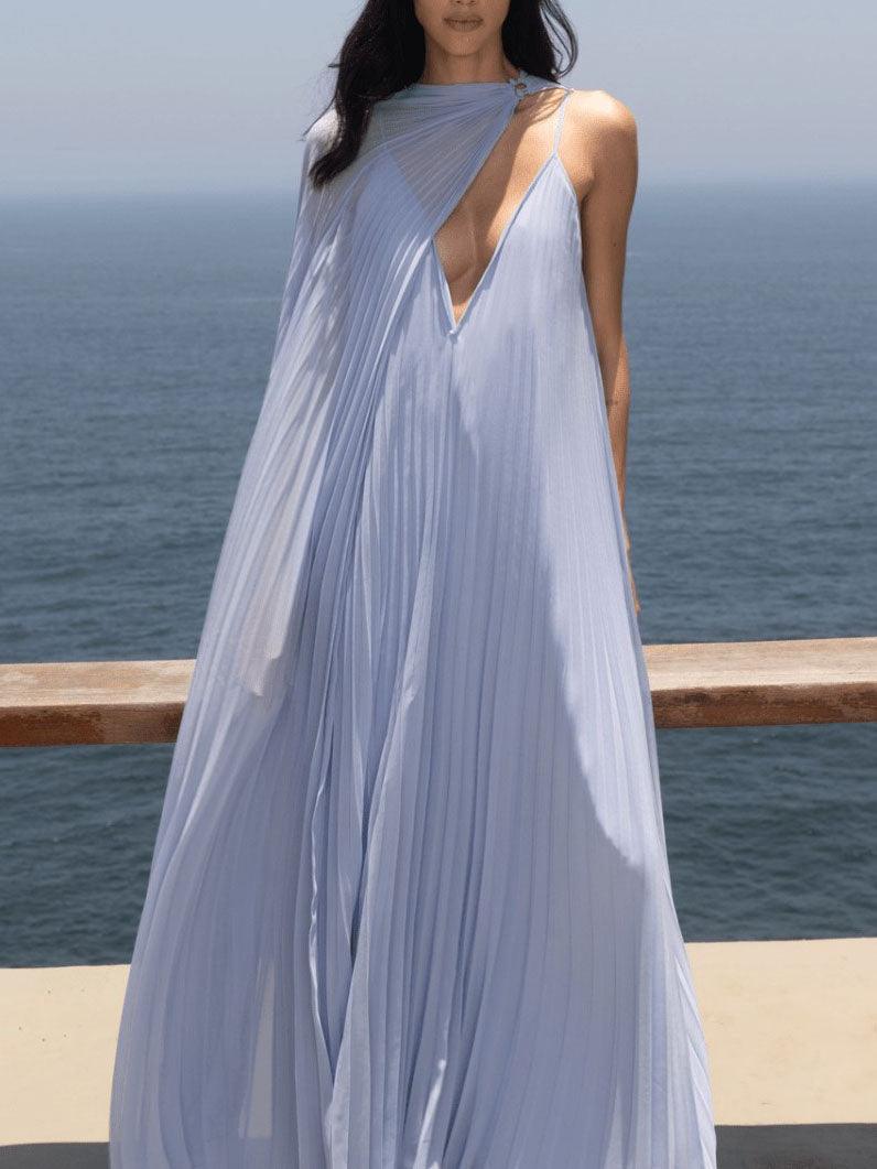 Elegant V-neck Pleated Flowy Maxi Dress - Milafashion-se.com