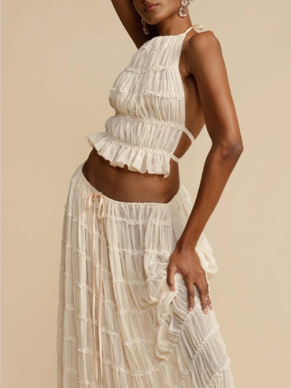 Pleated Drawstring Charm Waist Tiered Maxi Skirt - Milafashion-se.com