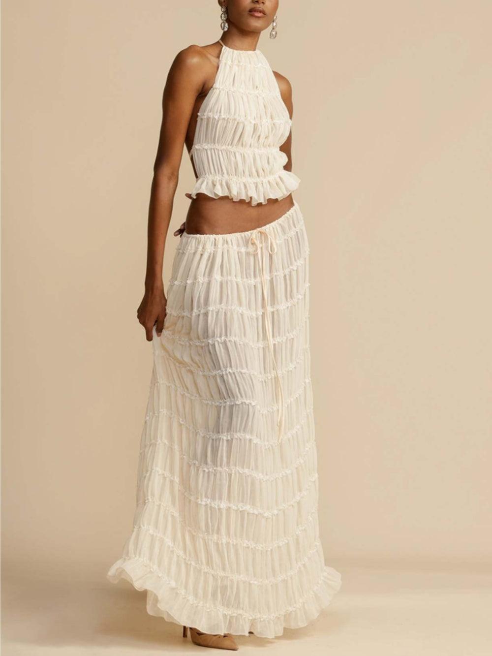 Pleated Drawstring Charm Waist Tiered Maxi Skirt - Milafashion-se.com
