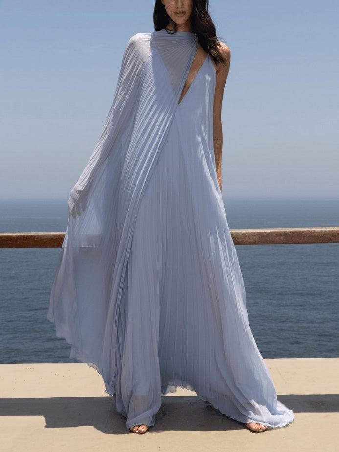 Elegant V-neck Pleated Flowy Maxi Dress - Milafashion-se.com