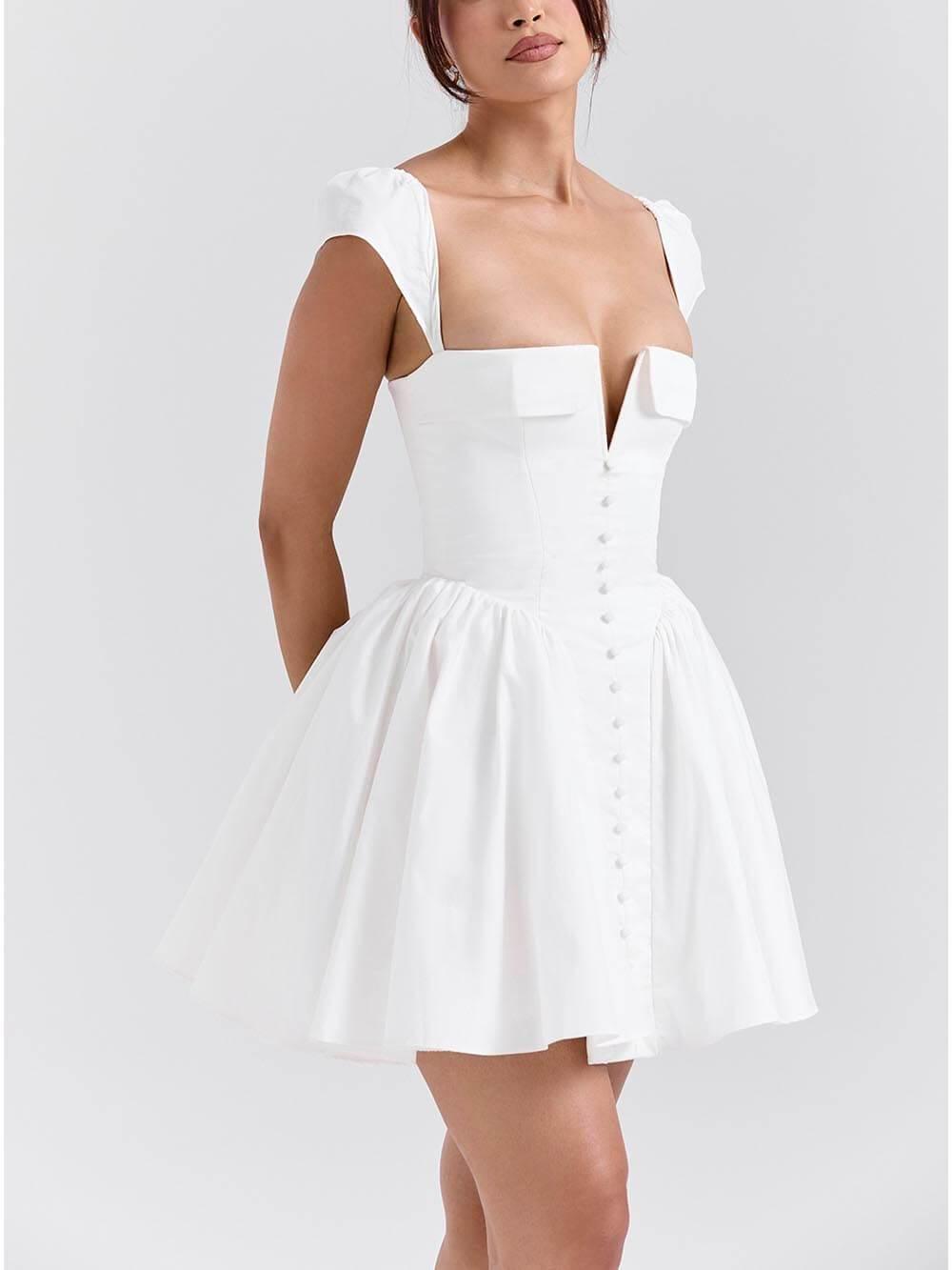 Exquisite V-Neck Pleated Waist Mini Dress - Milafashion-se.com