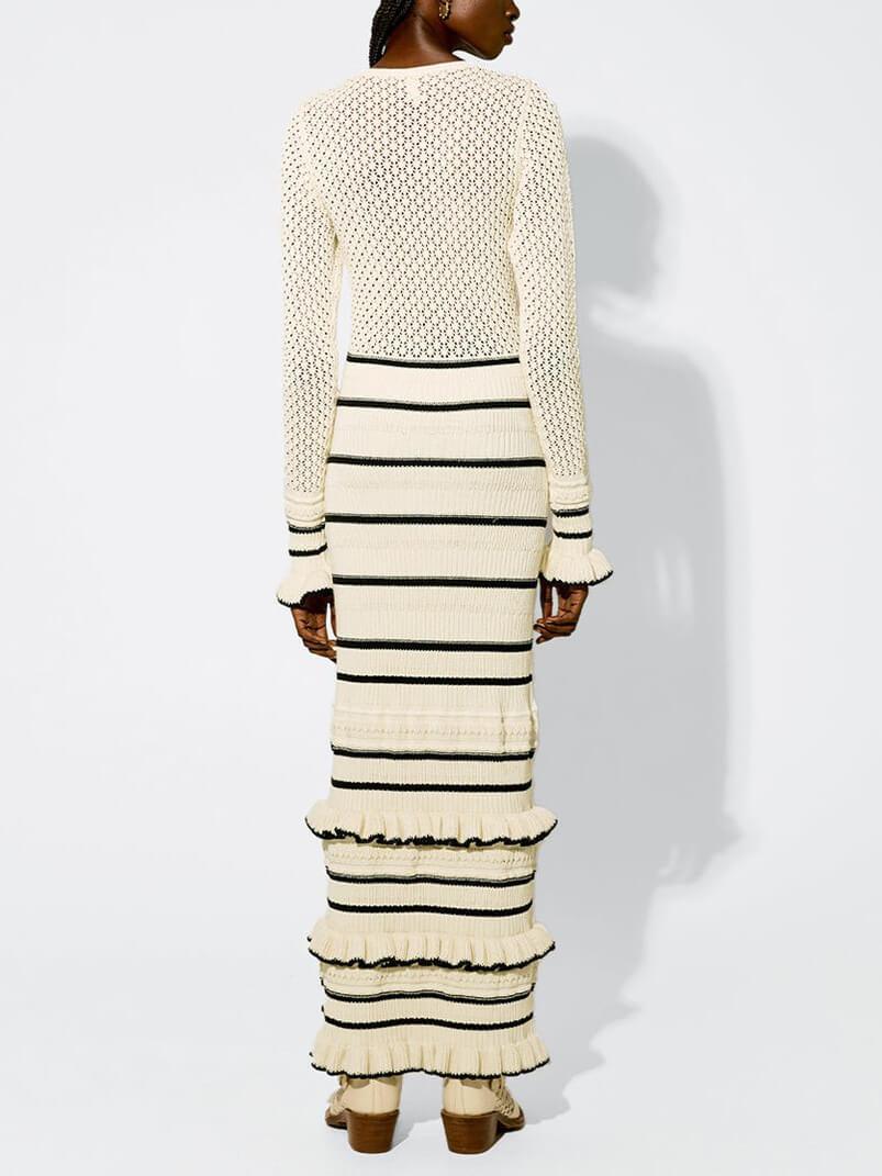 Knit Stripe Ruffle Long Sleeve Maxi Dress - Milafashion-se.com