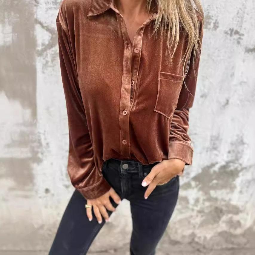 Långärmad Loose Fit Golden Velvet Shirt - Milafashion-se.com