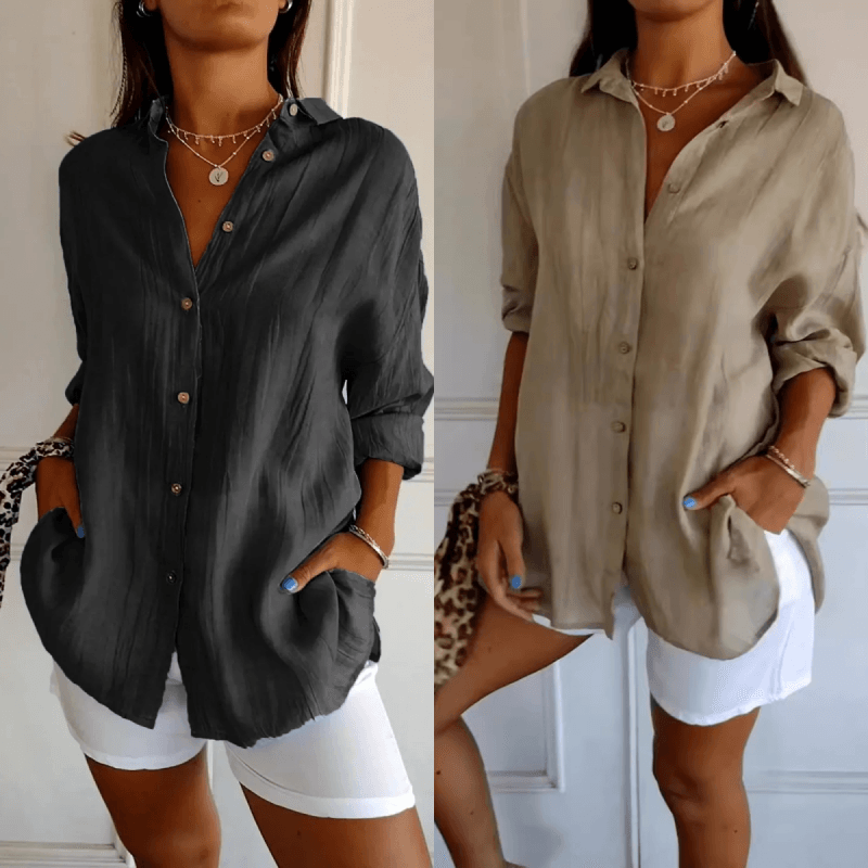 Klassisk strukturerad skjorta med veckad plissering och enkelt kavajslag för dam - Milafashion-se.com