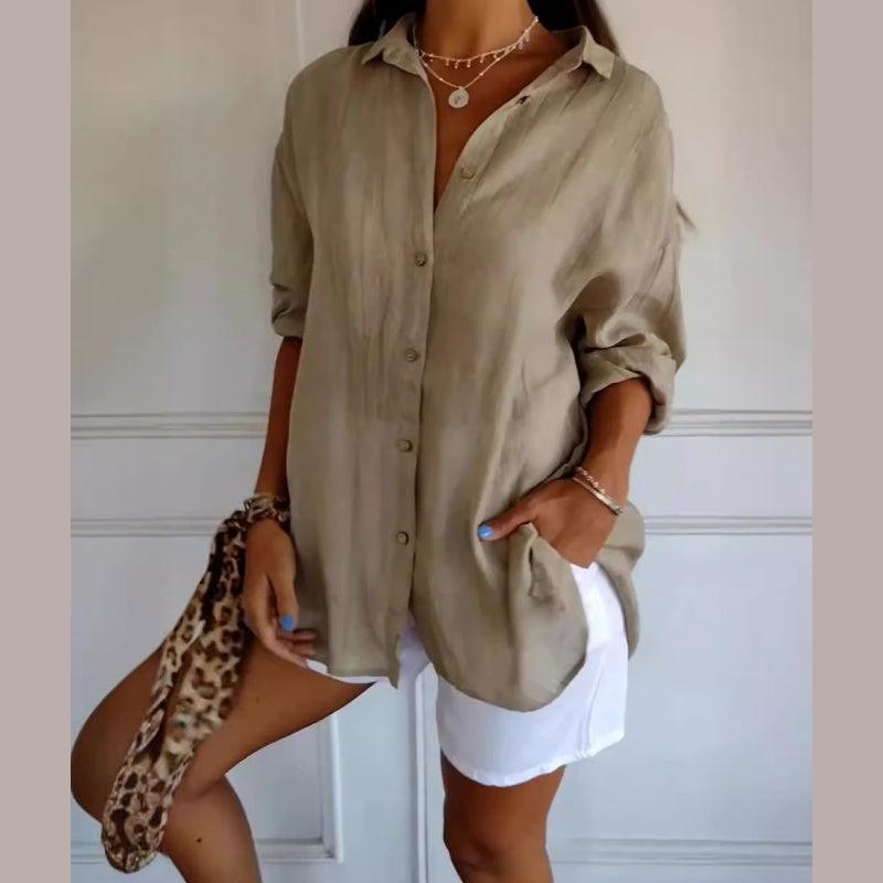 Klassisk strukturerad skjorta med veckad plissering och enkelt kavajslag för dam - Milafashion-se.com