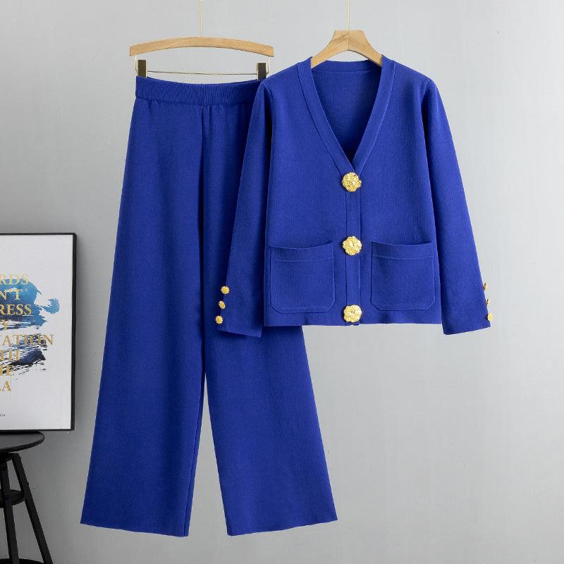 Guldknapp mjuk stickad tvådelad set - Milafashion-se.com