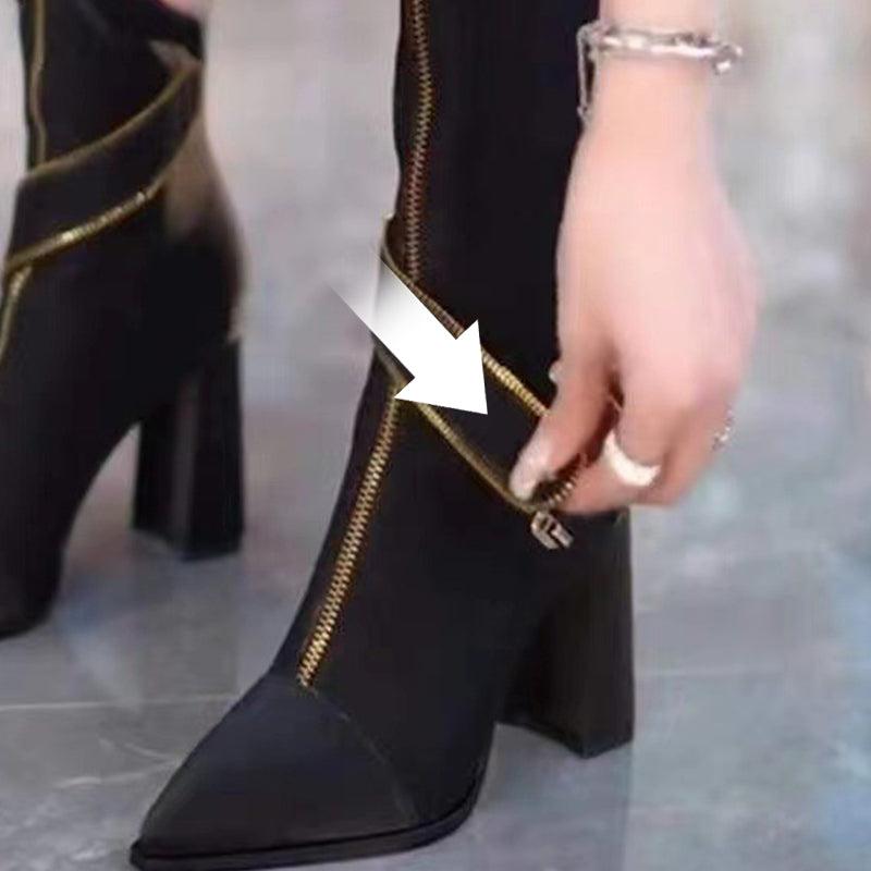 Stövlar med spetsig tå, grov klack och knähöga skaft - Milafashion-se.com