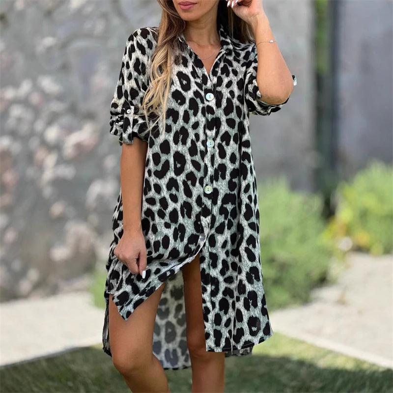 Leopardmönstrad överdimensionerad skjortklänning - Milafashion-se.com