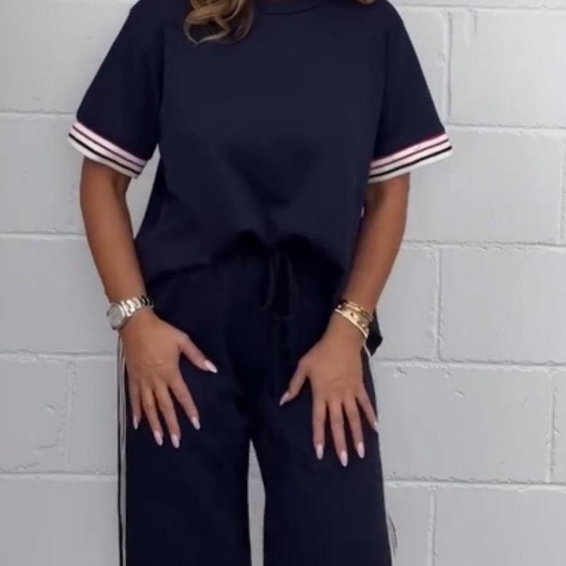 ⏳Tidsbegränsad rabatt✈️ Set med kortärmad t-shirt och joggers med vida ben och sidostripe - Milafashion-se.com
