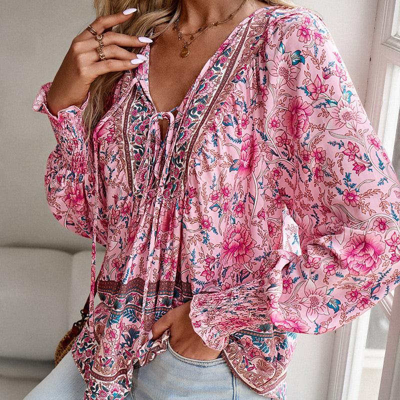 💖HET FÖRSÄLJNING 50% RABATT💖Kvinders mode tryckt v-hals langærmet skjorte - Milafashion-se.com