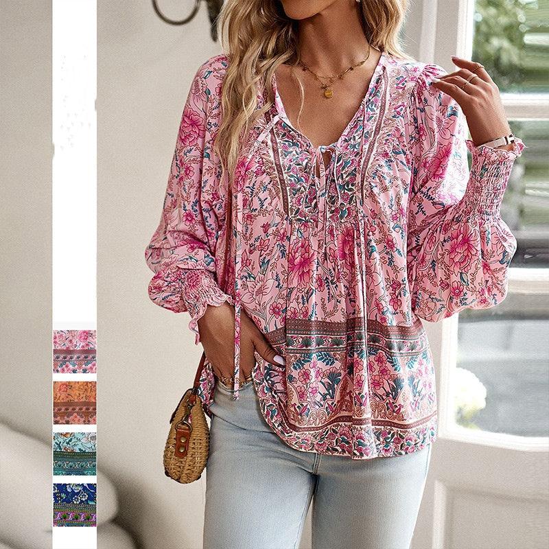 💖HET FÖRSÄLJNING 50% RABATT💖Kvinders mode tryckt v-hals langærmet skjorte - Milafashion-se.com