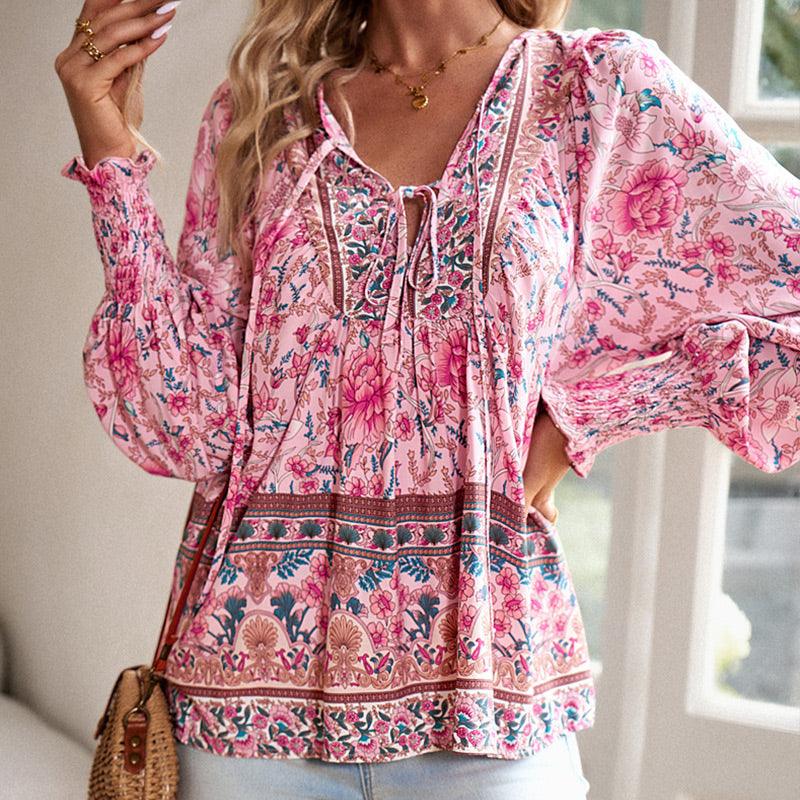💖HET FÖRSÄLJNING 50% RABATT💖Kvinders mode tryckt v-hals langærmet skjorte - Milafashion-se.com