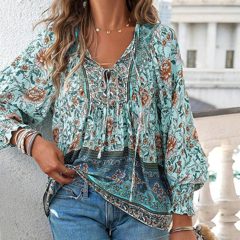 💖HET FÖRSÄLJNING 50% RABATT💖Kvinders mode tryckt v-hals langærmet skjorte - Milafashion-se.com