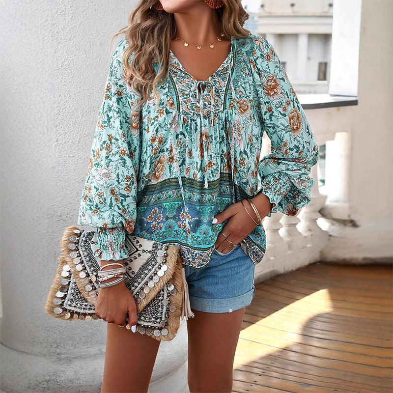 💖HET FÖRSÄLJNING 50% RABATT💖Kvinders mode tryckt v-hals langærmet skjorte - Milafashion-se.com