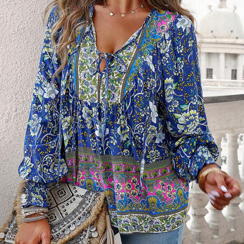 💖HET FÖRSÄLJNING 50% RABATT💖Kvinders mode tryckt v-hals langærmet skjorte - Milafashion-se.com