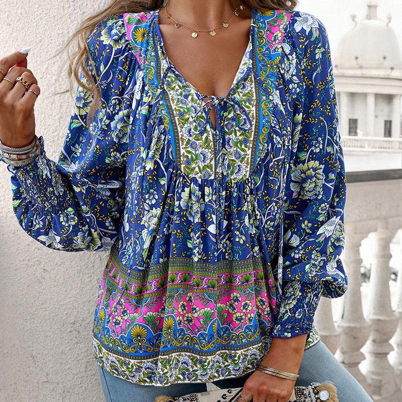💖HET FÖRSÄLJNING 50% RABATT💖Kvinders mode tryckt v-hals langærmet skjorte - Milafashion-se.com