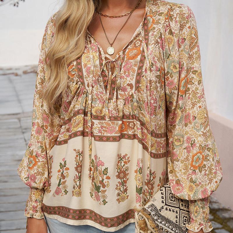 💖HET FÖRSÄLJNING 50% RABATT💖Kvinders mode tryckt v-hals langærmet skjorte - Milafashion-se.com