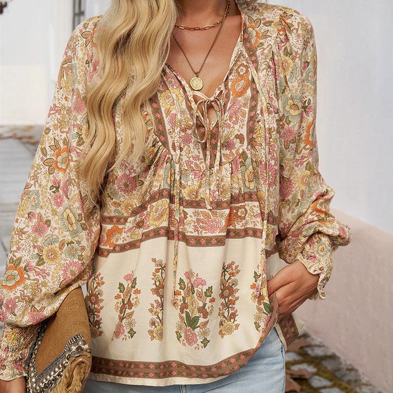 💖HET FÖRSÄLJNING 50% RABATT💖Kvinders mode tryckt v-hals langærmet skjorte - Milafashion-se.com