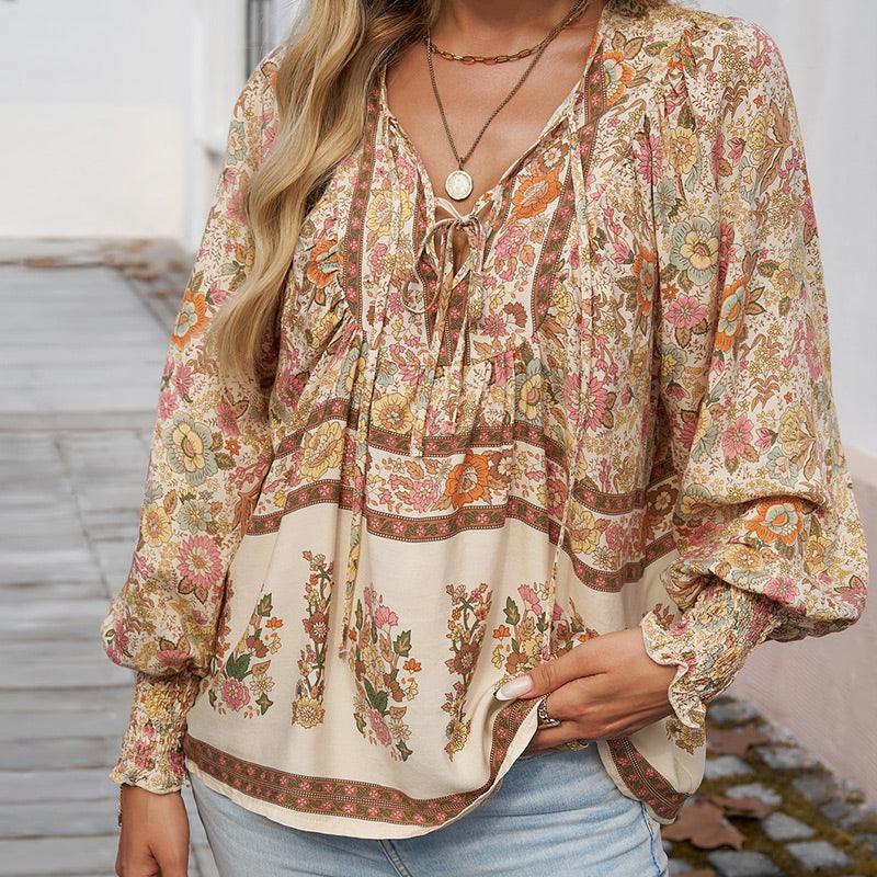 💖HET FÖRSÄLJNING 50% RABATT💖Kvinders mode tryckt v-hals langærmet skjorte - Milafashion-se.com