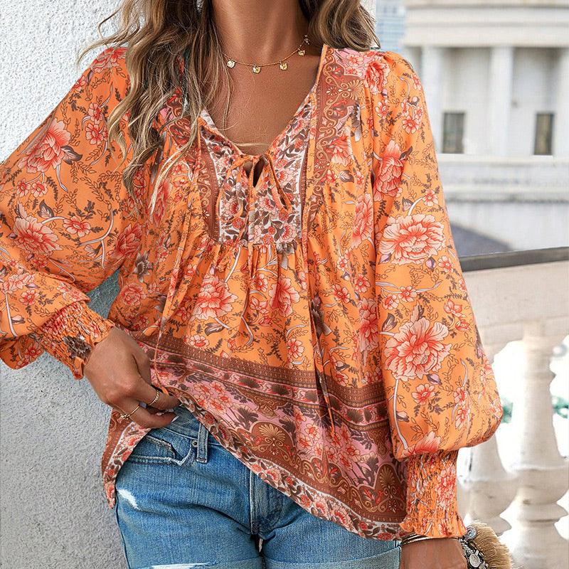 💖HET FÖRSÄLJNING 50% RABATT💖Kvinders mode tryckt v-hals langærmet skjorte - Milafashion-se.com