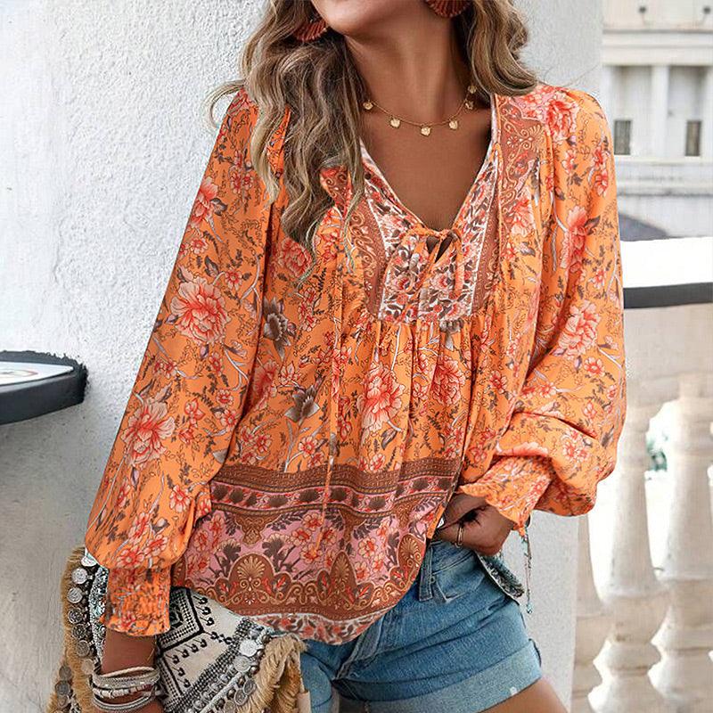 💖HET FÖRSÄLJNING 50% RABATT💖Kvinders mode tryckt v-hals langærmet skjorte - Milafashion-se.com
