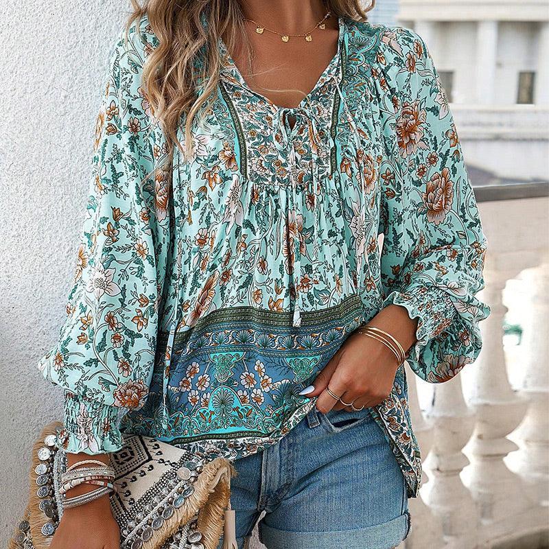 💖HET FÖRSÄLJNING 50% RABATT💖Kvinders mode tryckt v-hals langærmet skjorte - Milafashion-se.com
