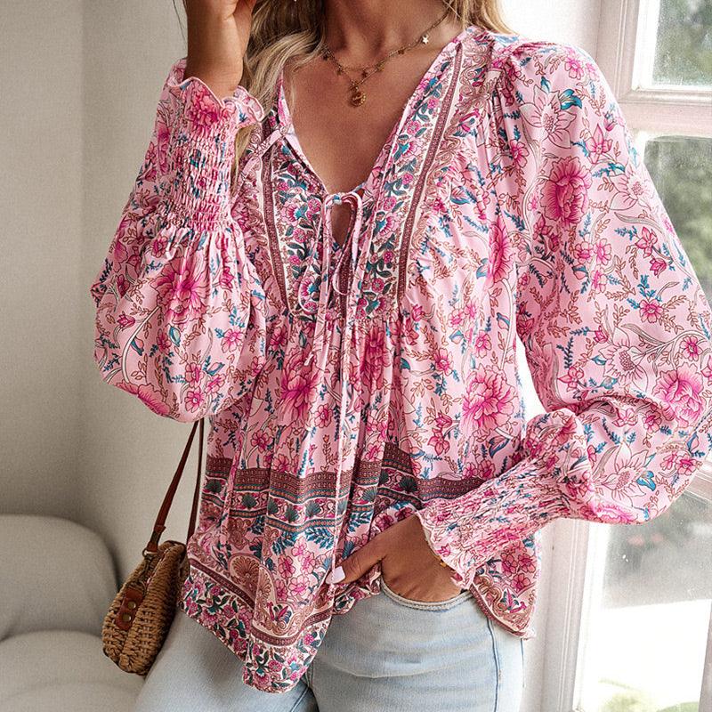 💖HET FÖRSÄLJNING 50% RABATT💖Kvinders mode tryckt v-hals langærmet skjorte - Milafashion-se.com