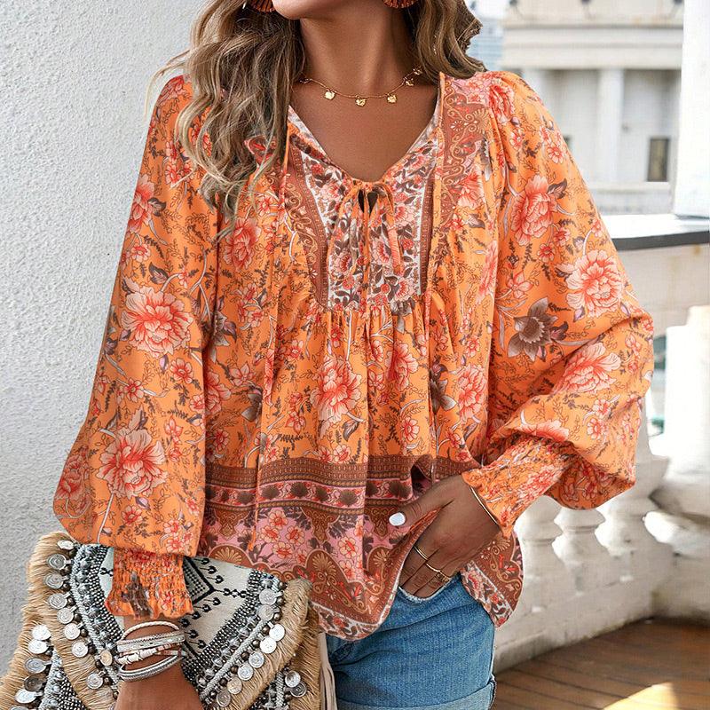 💖HET FÖRSÄLJNING 50% RABATT💖Kvinders mode tryckt v-hals langærmet skjorte - Milafashion-se.com