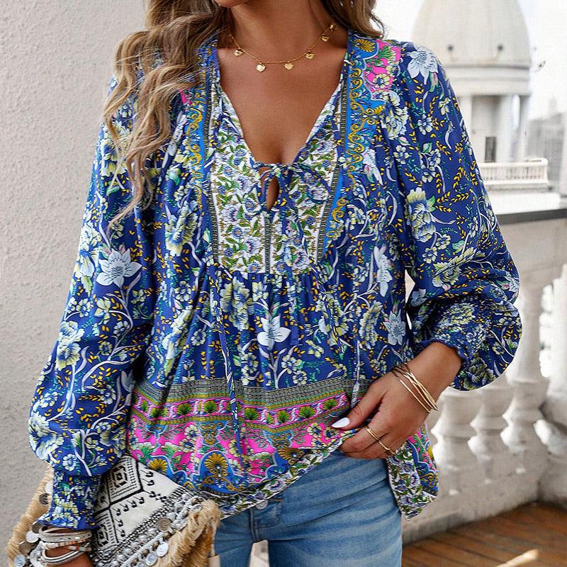 💖HET FÖRSÄLJNING 50% RABATT💖Kvinders mode tryckt v-hals langærmet skjorte - Milafashion-se.com