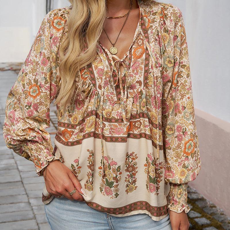 💖HET FÖRSÄLJNING 50% RABATT💖Kvinders mode tryckt v-hals langærmet skjorte - Milafashion-se.com