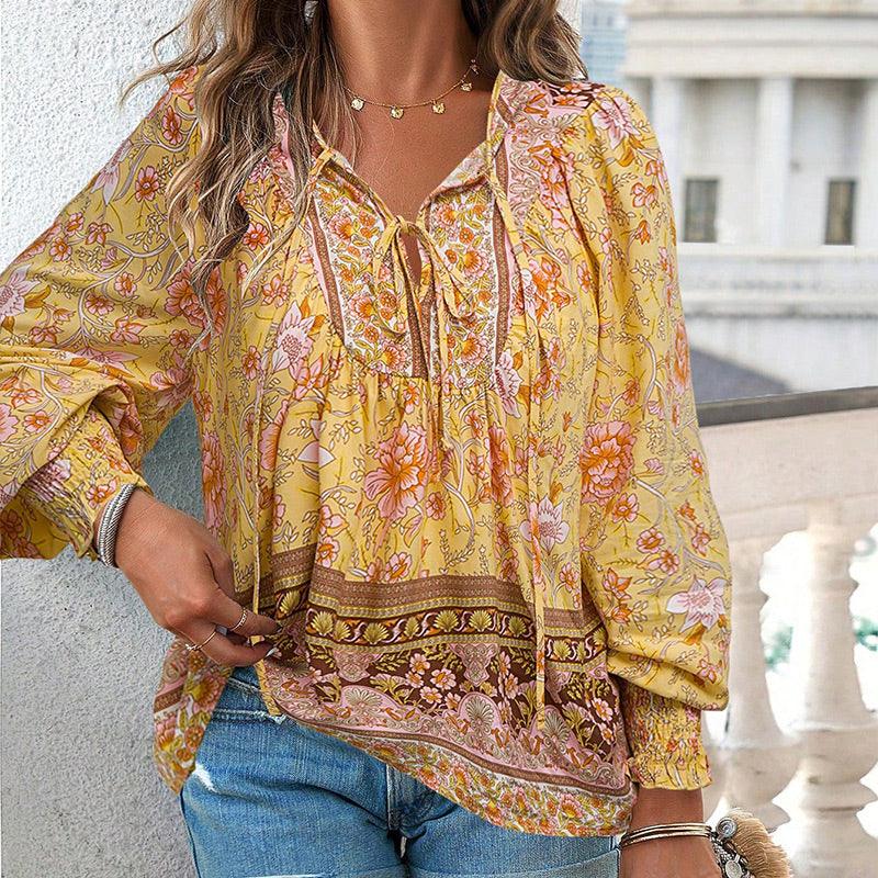 💖HET FÖRSÄLJNING 50% RABATT💖Kvinders mode tryckt v-hals langærmet skjorte - Milafashion-se.com