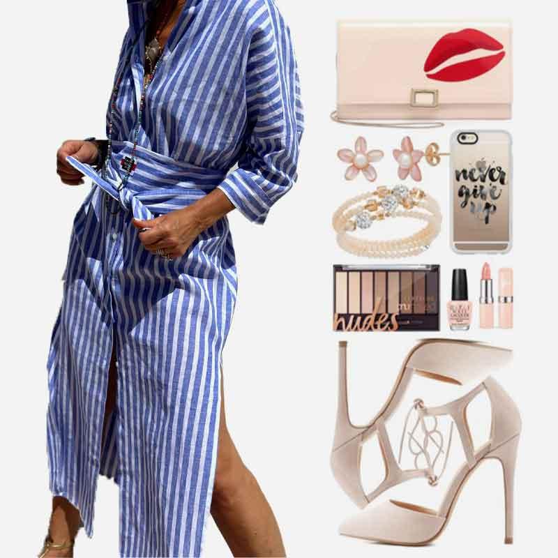 Löst randig halvärmad skjortklänning - Milafashion-se.com