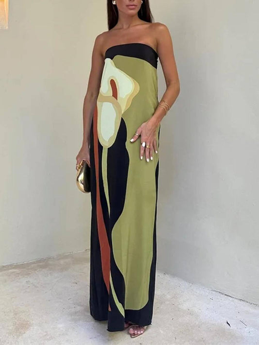 Off Shoulder Fashion Contrast Sleeveless Printed Maxi Dress - Milafashion-se.com