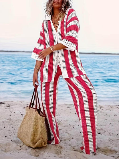 Loose V-Neck Fashion Hollow Out Striped Shirt Wide Leg Pants Set - Milafashion-se.com
