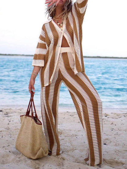 Loose V-Neck Fashion Hollow Out Striped Shirt Wide Leg Pants Set - Milafashion-se.com