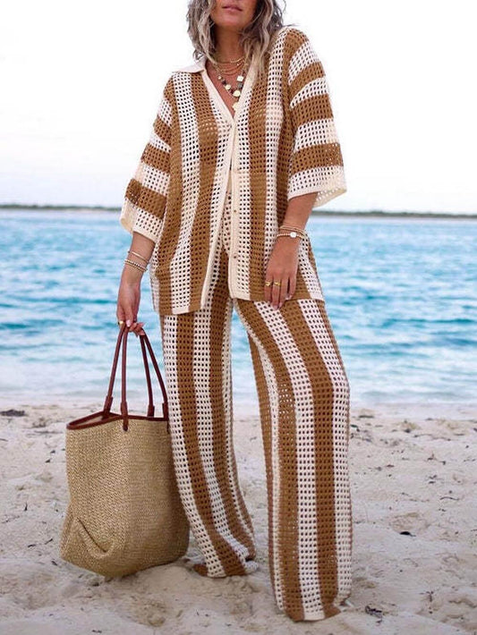 Loose V-Neck Fashion Hollow Out Striped Shirt Wide Leg Pants Set - Milafashion-se.com