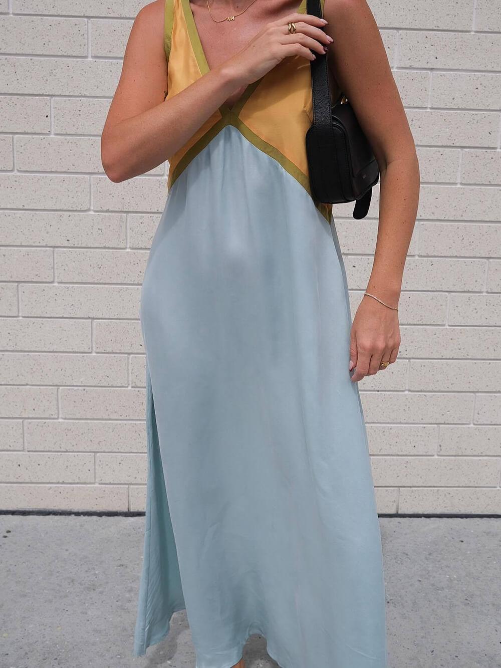 V-neck Contrasting Color Splicing Chic Dress - Milafashion-se.com