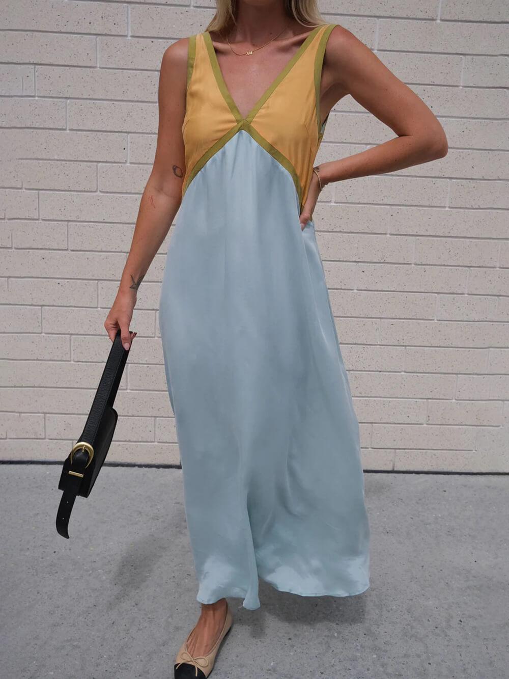 V-neck Contrasting Color Splicing Chic Dress - Milafashion-se.com