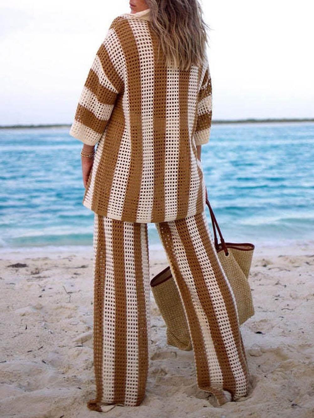 Loose V-Neck Fashion Hollow Out Striped Shirt Wide Leg Pants Set - Milafashion-se.com