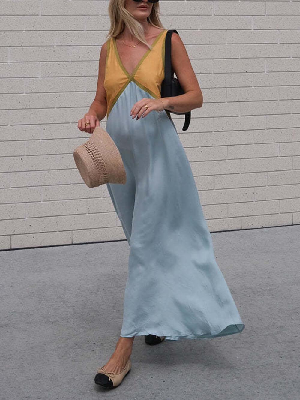 V-neck Contrasting Color Splicing Chic Dress - Milafashion-se.com